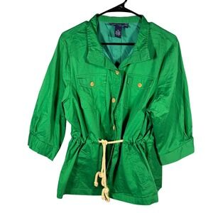 Susan Graver Style Jacket Womens 1X Green Drawstring Waist Utility Safari Coat